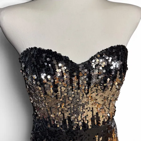 Social Couture Strapless Sequin Mini Cocktail Dress Black Gold Medium - Image 2