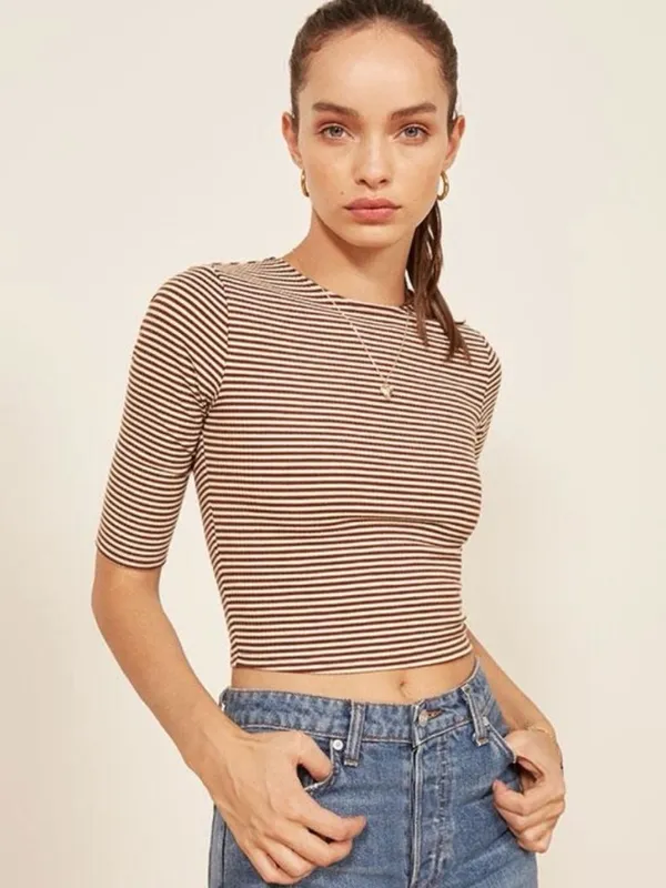 REFORMATION Cameron Crop Top Striped Fitted Elbow Sleeve Baby Tee Brown White XS - Image 7
