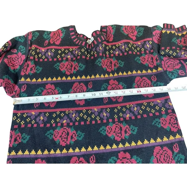 VTG 80s 90s Stefano International Black Rose Floral Knit Sweater Pullover M - Image 7