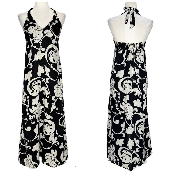 Y2K Old Navy Floral Maxi Dress Black White S Linen Blend Babydoll‎ Halter Beachy - Image 2