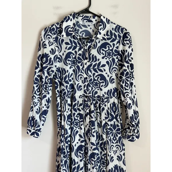 Zara Shirt Dress‎ Midi Dress Size XS White Blue Floral Cotton - Image 3