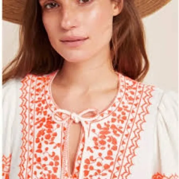 Anthropologie Maeve Louisa Cream Bohemian Long Sleeve Top with Coral Embroidery - Image 3