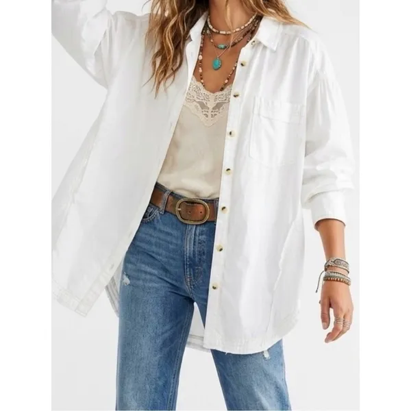 Free People Bohemian Preppy Oversized Happy Hour Solid Poplin Top White Medium - Image 7
