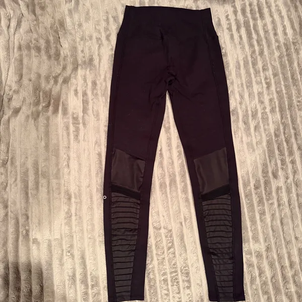 Alo Yoga Black Moto High Waisted Leggings Ribbed Mesh‎ Mixed Matte Shine S - Image 3