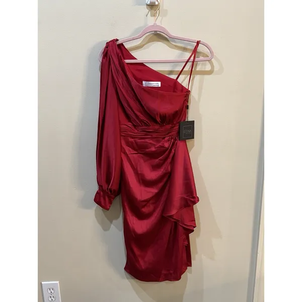 IEENA Mac Duggal SATIN ONE SLEEVED COCKTAIL DRESS Raspberry Size 6 - Image 3