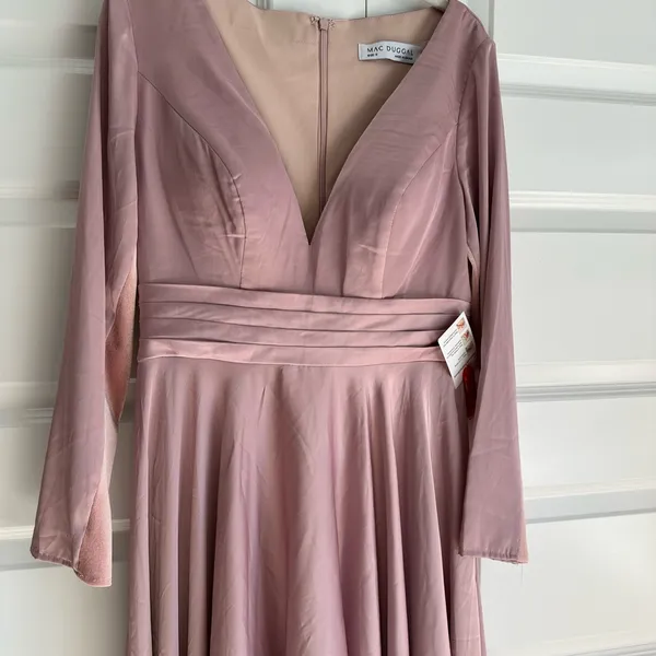 Mac Duggal Pink Satin Velvet Long Sleeve V-Neck‎ Midi Cocktail Formal Dress- NWT - Image 8