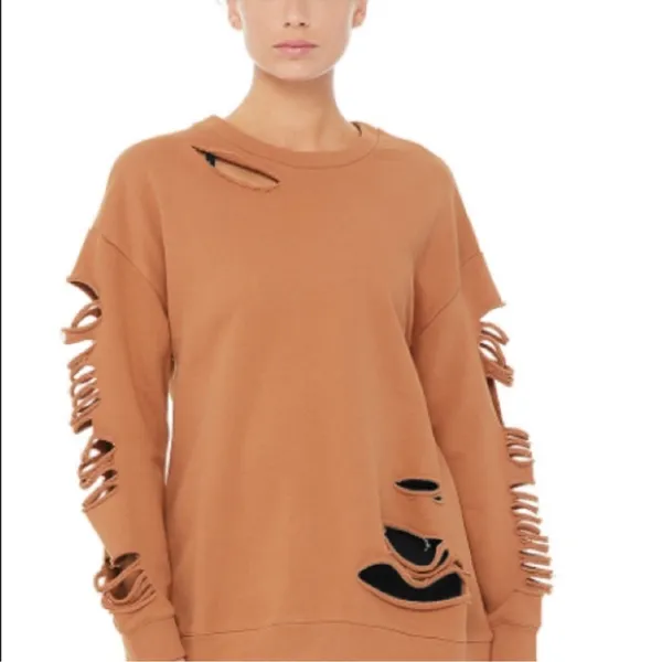 ALO Yoga Fade Distressed Pullover Crewneck Sweatshirt Womens Small Tan - Image 8