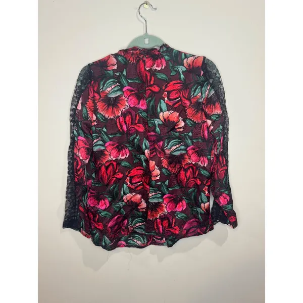 Sandro Paris Red Floral Mock Neck Blouse Black Lace Sleeves Silk Blend sz 1 - Image 3