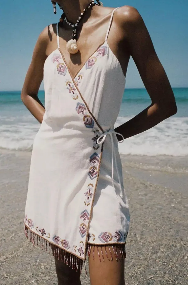 Zara dress mini summer boho embroidered fringe cotton tribal Aztec wrap - Image 9