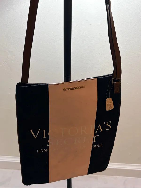 PINK Victoria's Secret Black and Cream Vertical Stripe Messenger Bag - Image 2