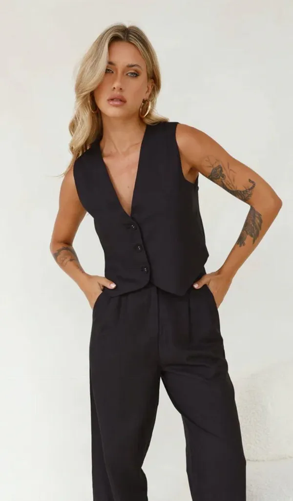 Black Linen Blend Vest - Image 2