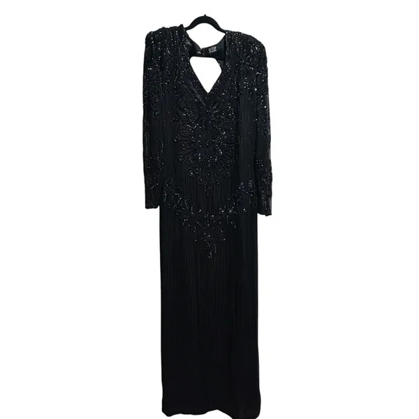 Vintage Right Choice Silk Beaded Gown Black Evening Dress 1980s Made in India‎ - Image 3