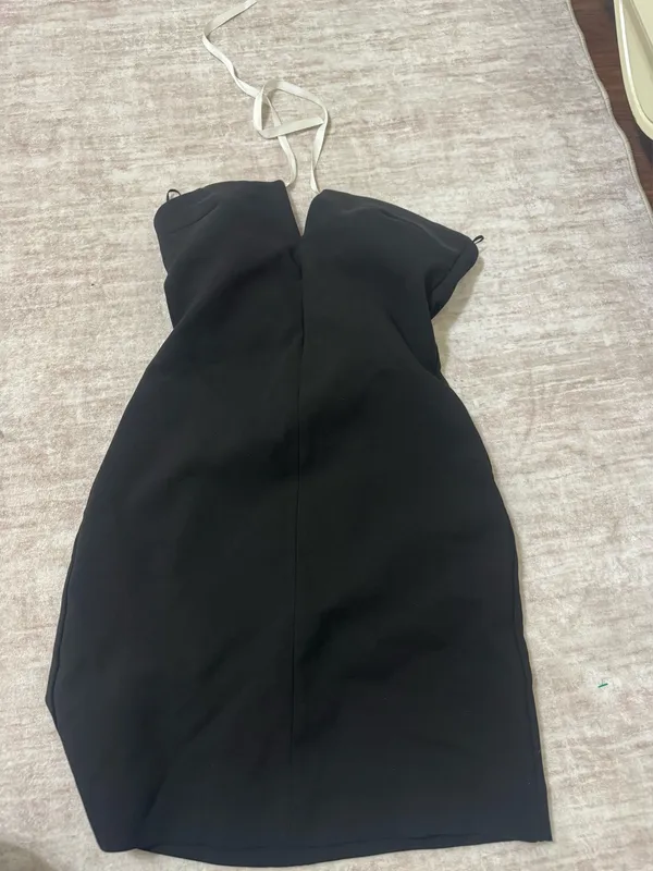 Zara black mini dress with white bow detail size xs - Image 2