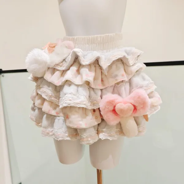 Women Sweet Fluffy Tiered Mini Skirt Elastic Waist Ruffled Lace Trim Plush Bow Pom Pom Decor Kawaii Cute A‑Line Short Skirt For Cosplay Daily - Image 3