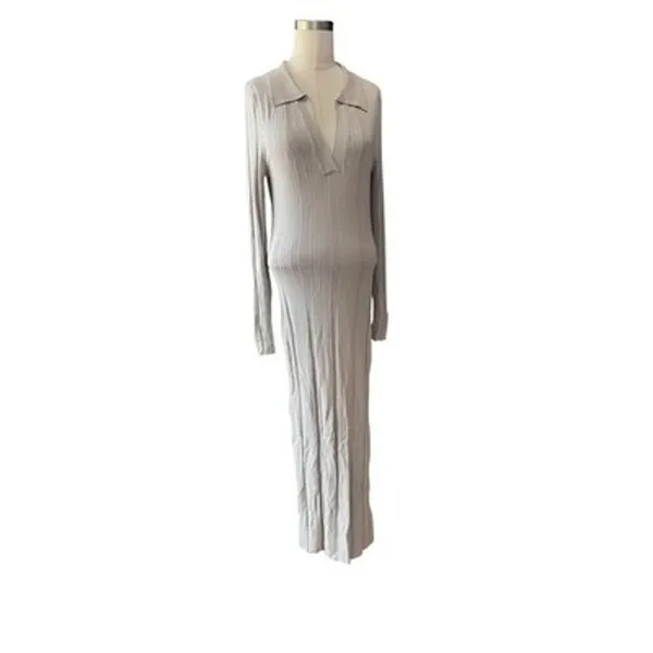 H&M NWT Rib Knit Dress Women's M Beige Tan V Neck Collared Bodycon Midi - Image 7