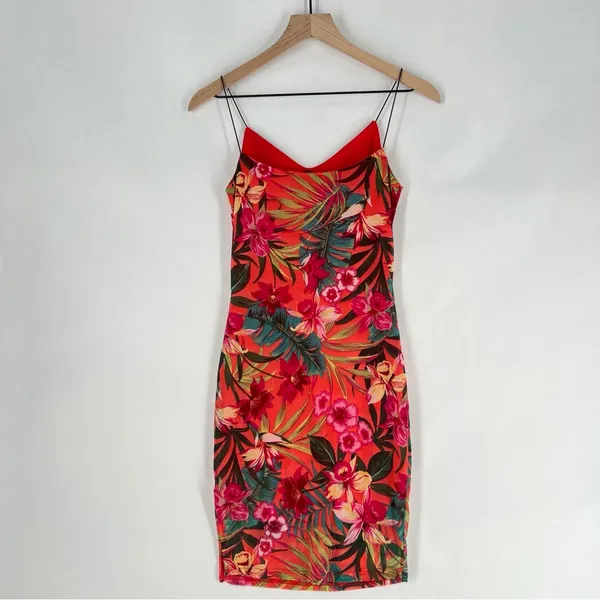 Papaya‎ Coral Green Mesh Tropical Floral Print Spaghetti Strap V-Neck Mini Dress - Image 6
