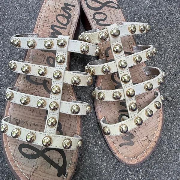 Sam Edelman Women Ivory Leather Studded Cage Slide Sandals Cork Block Heel Sz 8 - Image 9