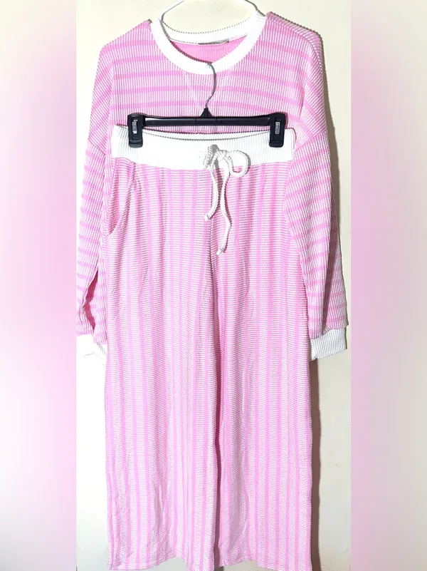 Zenana Raised Rib Striped Pullover & Wide Leg Pants Set Womens Lt Pink Sz Medium - Image 2