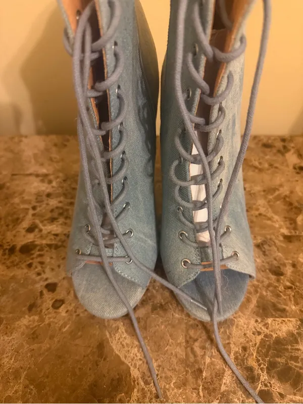 Wild Diva Light Blue Denim Lace-Up Peep Toe Heeled Booties Never worn! - Image 2