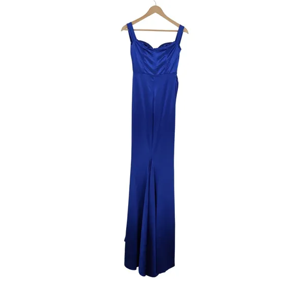 Royal Blue Satin Sweetheart Neckline Evening Gown Formal Dress Floor Length Slit - Image 3
