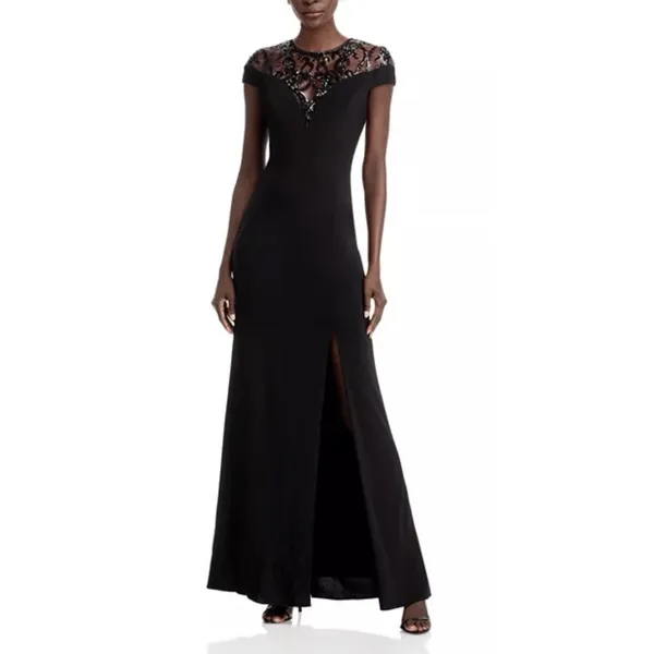 Adrianna Papell Embellished Illusion-Yoke Gown Sequin Jersey Dress Size 6 Black - Image 2