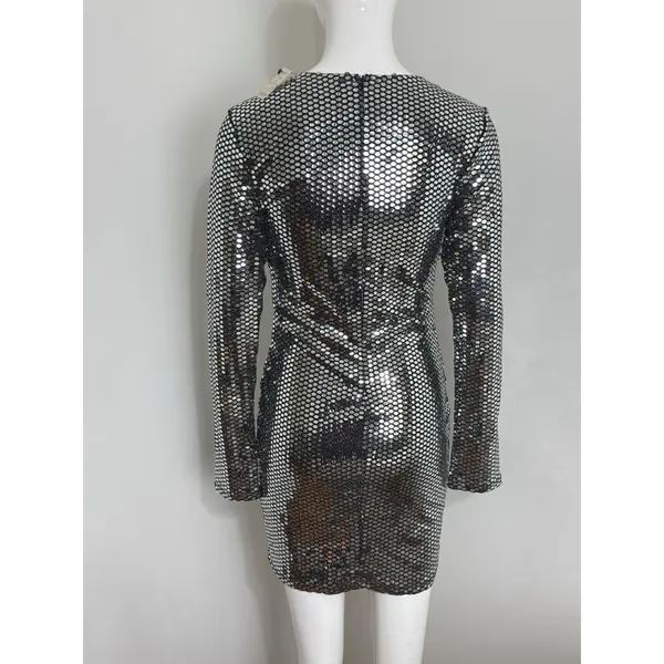 Women’s Silver Sequin Mini Dress Long Sleeve Bodycon Club Cocktail Size M NWT - Image 5