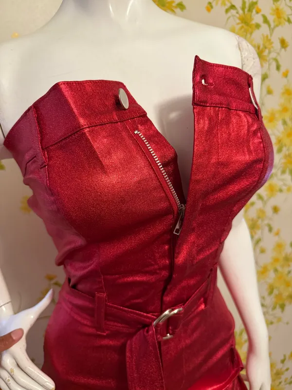 Metallic red strapless midi dress featuring a matching belt and a front slit - Image 5