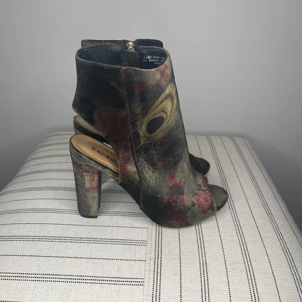 Baxboo- Black Velvet with Flower Pattern Peep Toe, Open Back Heels - Image 7