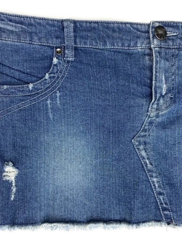 🌸Y2K Hang Ten Blue Distressed Denim Mini Skirt Frayed Hem Logo Button Size 5 - Image 4