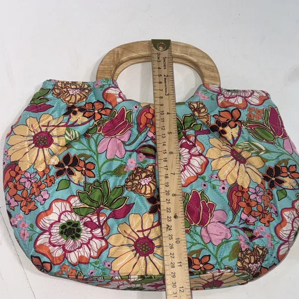 Vtg 2000s Vera Bradley Silk Quilted Floral Handbag Wooden Handles Pink Lining - Image 14