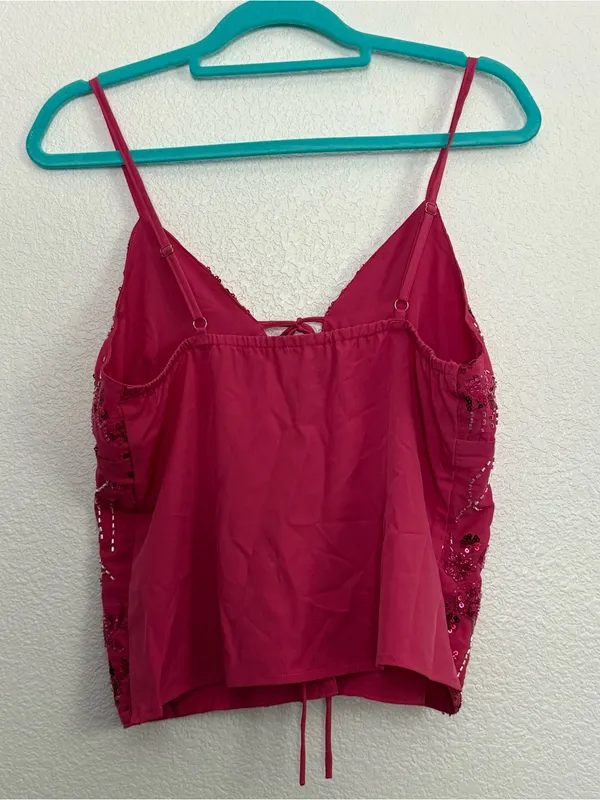 New 2000s Y2k Style Pink Sequin Beaded Tie Front Top Medium - Image 4