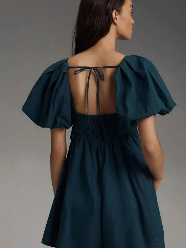 Pilcro by Anthropologie Teal Green Puff-Sleeve 3" Babydoll Romper - Size - XL - Image 3