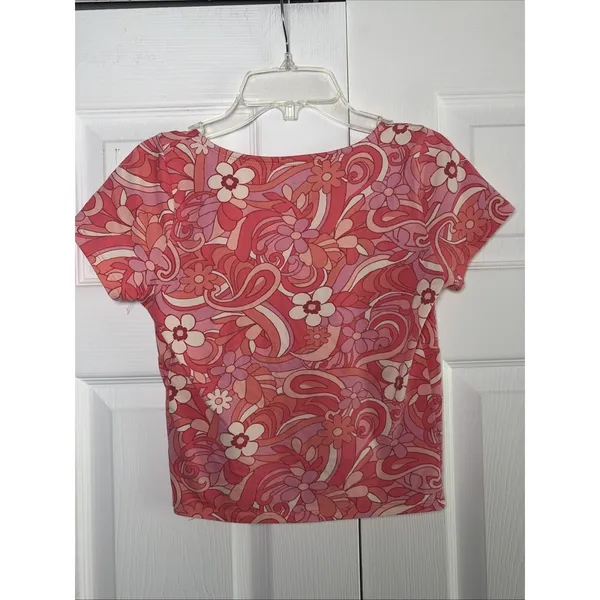 Hollister Retro Floral Baby Tee Womens Size S‎ Pink Psychedelic Y2K Cotton Top - Image 2