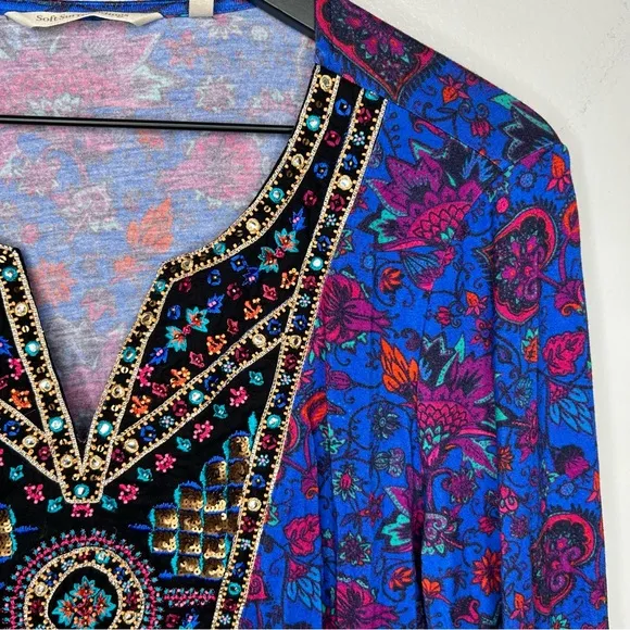 Soft Surroundings Blue Tamuri Embroidered Beaded Boho Tunic Top‎ Size M - Image 6
