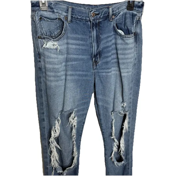 American Eagle Hi-Rise Girlfriend Jeans Destroyed Crop Cotton Denim Blue Size 12 - Image 2