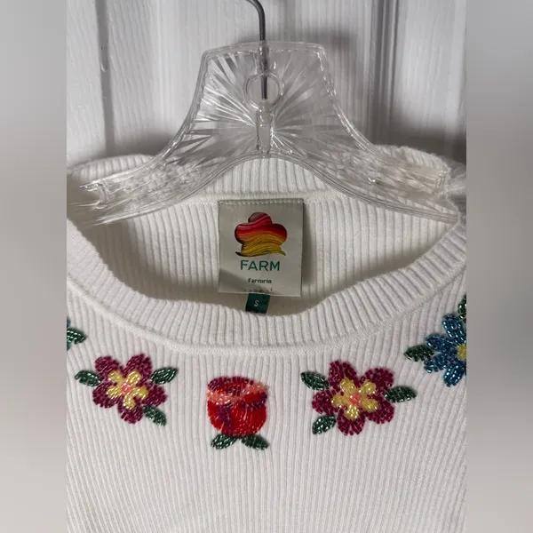Farm Rio Off-White Flower Embroidery Knit Top S - Image 5
