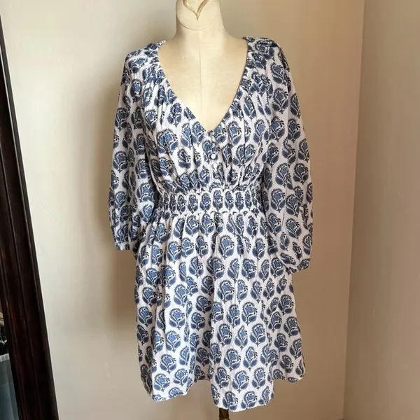 J.Crew V Neck Bouquet Block White Blue Dress Fit Flare XS Spring - Image 5