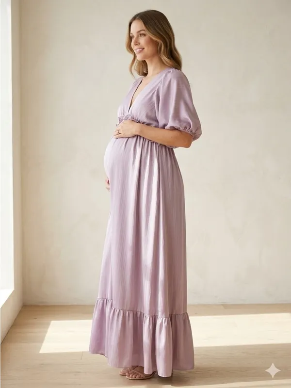 Vanilla Bay maternity long lilac V-neck pleated dress, size S - Image 3
