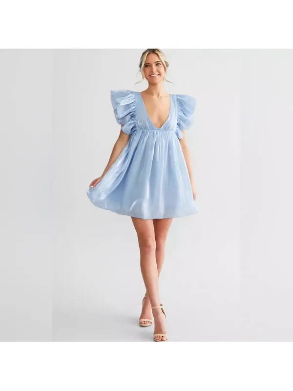Storia Deep V-Neck Sheen Mini Dress in Sky Blue Size Medium NWT - Image 2
