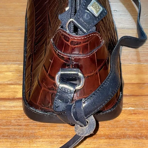 Brighton Vintage Croc Embossed Leather Shoulder Bag Brown Black Trapezoid Purse - Image 16