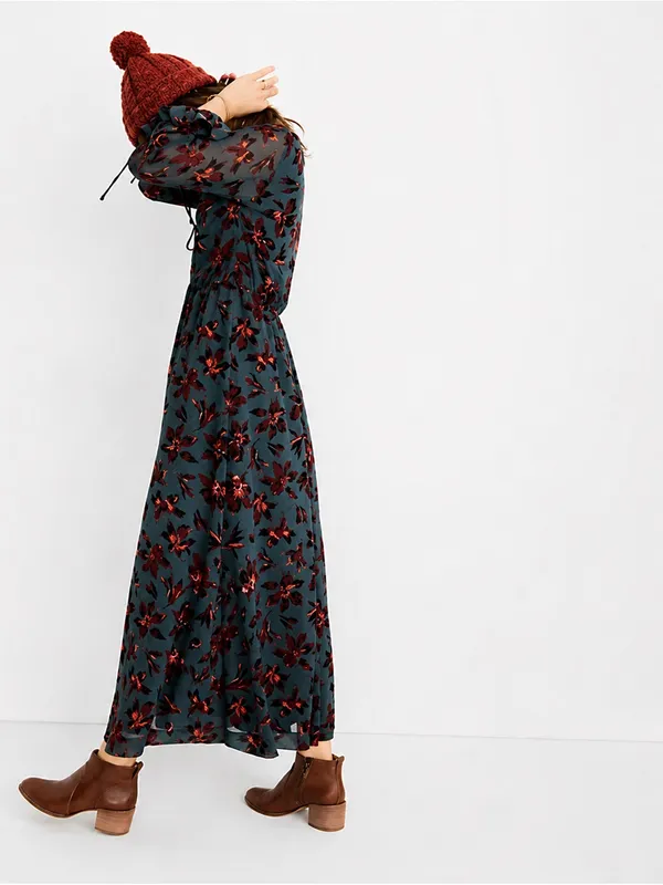 Madewell Green Floral Winter Orchid Willowleaf Tie Sleeves Maxi Dress 10 - Image 7