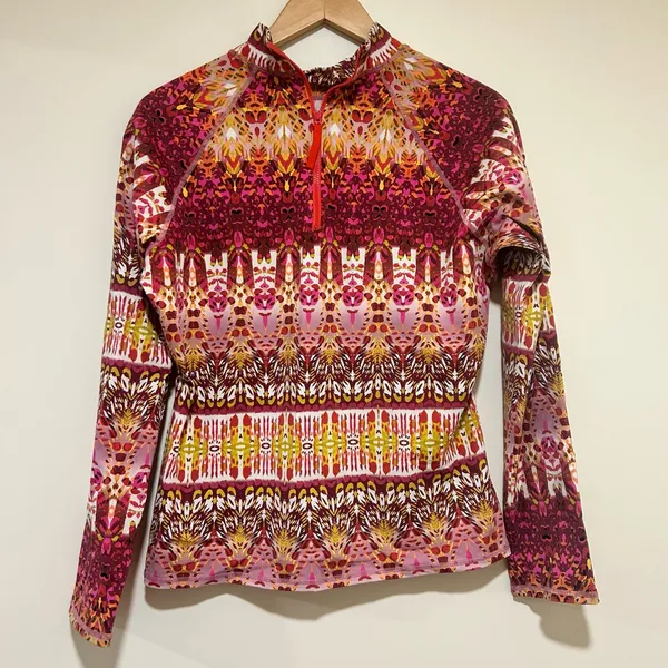 Garnet Hill Mock Neck Back Zip Art to Wear Red & Pink Rash Guard Size XL - Image 4