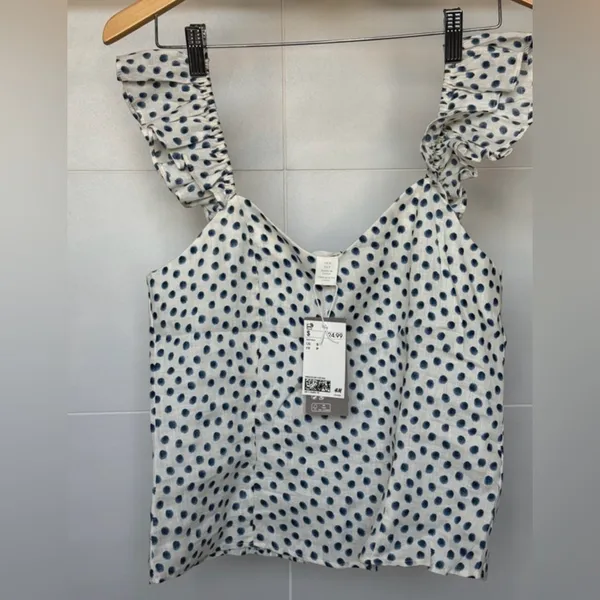 H&M Polka Dot Ruffle Strap Top Small NWT White Blue Sweetheart‎ Blouse - Image 5
