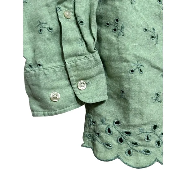 Lauren Ralph Lauren Pistachio Green Floral‎ Eyelet Linen Long Sleeve Button Top - Image 4