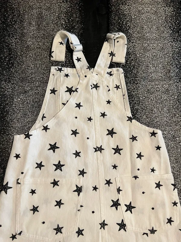 Womens small Storia White denim black star print pinafore/overall dress - Image 10