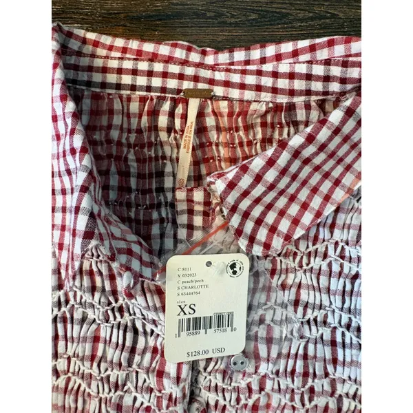 Free People Charlotte Gingham Tunic‎ Women XS Red White NEW Smocked Boho - Image 4