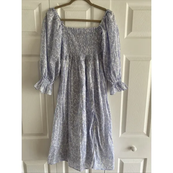 o.p.t. Floral Smocked Midi Dress‎ Womens Size S Blue White Puff Sleeve Toile - Image 2