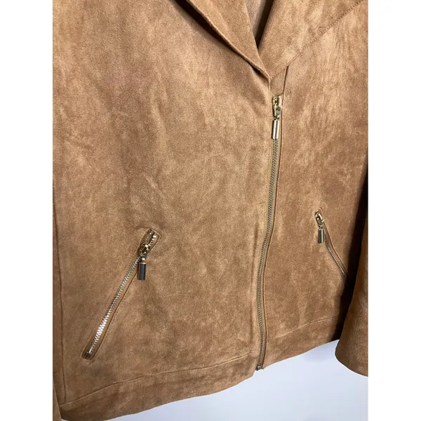 Chico's Faux Suede Moto Jacket Women 0 S Tan Camel Excellent Gold Zip Biker - Image 2