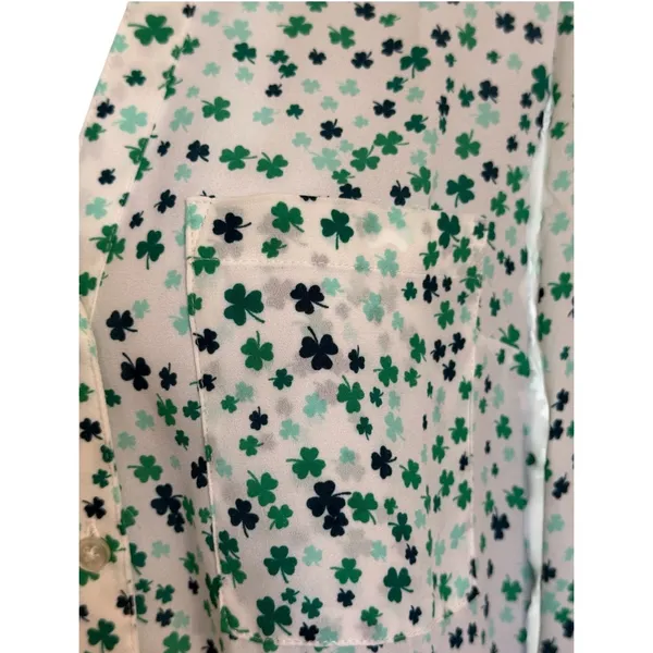 EXPRESS Portofino White Green Shamrock Clover Button Up Roll Tab Blouse NWOT XS - Image 4