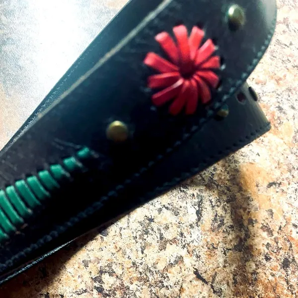 34” Brown Leather Belt with Pink, Purple, Yellow, Green Embroidered Flowers - Image 2